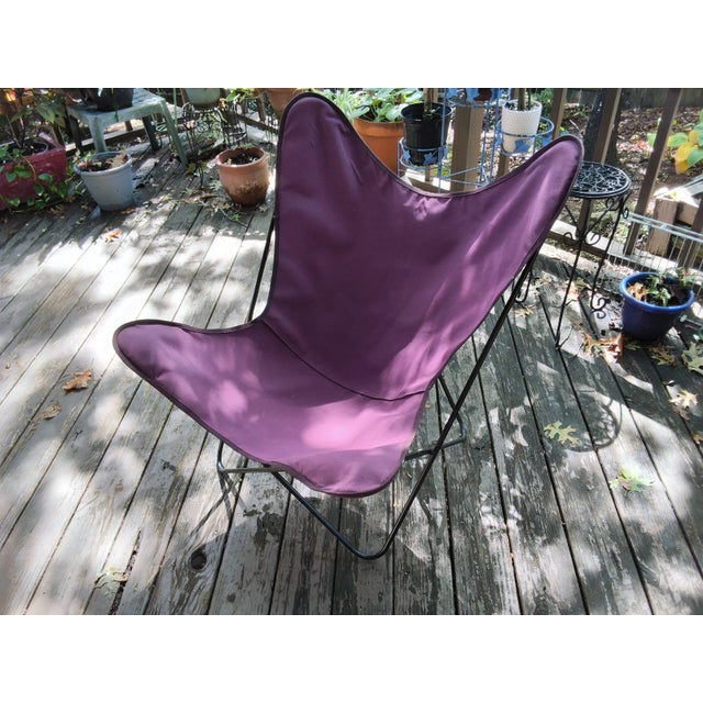Mid-Century Modern Hardoy Style Welded Solid Wrought Iron BKF Butterfly Chair With Purple Canvas Seat For Sale - Image 13 of 15