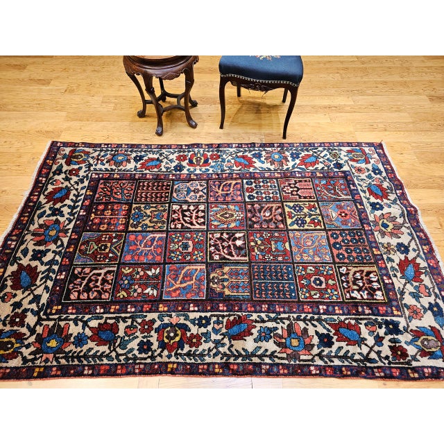 Textile Vintage Persian Bakhtiari Rug, Hand-Knotted Wool, Allover Garden Panel Pattern, Pale Yellow & Red,5x7 For Sale - Image 7 of 16