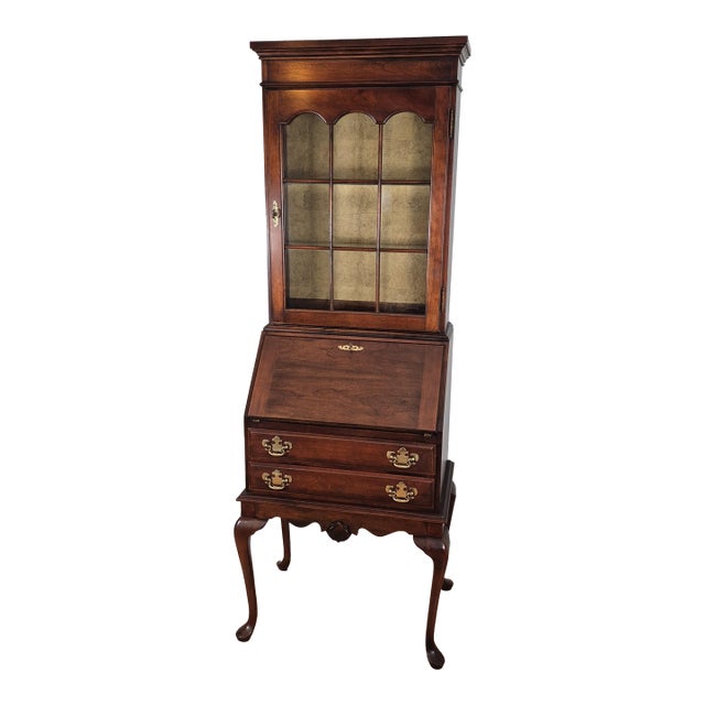 Late 20th Century Petite Ladies Mahogany Secretary Writing Desk Curio Display Cabinet For Sale