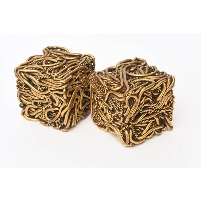 1980s Vintage Signed Yascal French Bronze Twisted Square Cube Sculptures Pair Of For Sale - Image 5 of 11