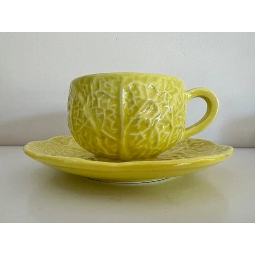 Secla Vintage Secla Portugal, Yellow Cabbage 4 Cups and Saucers With Serving Bowl For Sale - Image 4 of 5