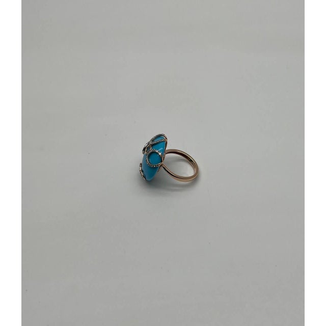 Round Blue Teal Turquoise Diamond Swirl Scroll 14k Yellow Gold Cocktail Ring, Size 3 For Sale - Image 11 of 14