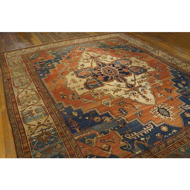 Tribal 1880s Red Blue Geometric Antique Serapi Rug 12'6" X 14'6" Handknotted Wool Carpet For Sale - Image 3 of 5