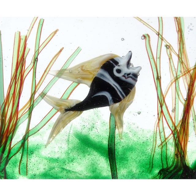 Glass Vintage Murano AVeM Black White Yellow Fins Fish Swimming in Algae Italian Art Glass Aquarium Block For Sale - Image 7 of 10