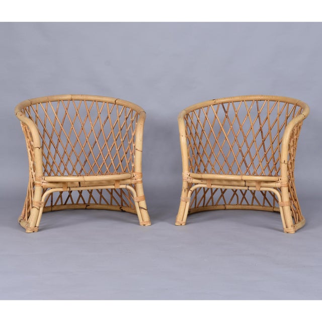 Beige Pair of Vintage Trellis Woven Barrel Back Rattan Lounge Chairs For Sale - Image 8 of 17