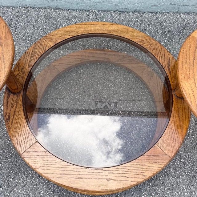 Brown Mid Century Modern Three Tier Oak and Smoked Glass Swivel Coffee Table For Sale - Image 8 of 10