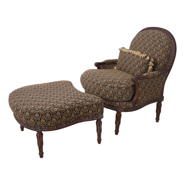 Century French Louis XVI Style Bergere Chair & Ottoman For Sale