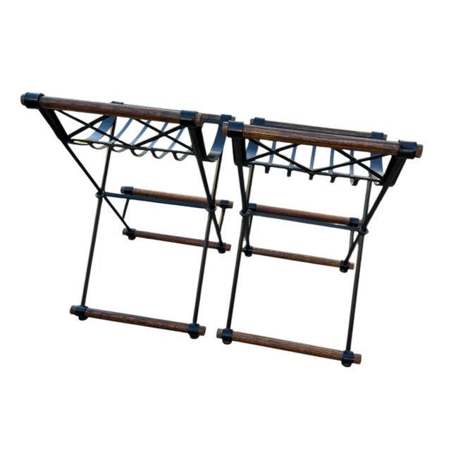 Black Mid 20th Century Pair of Campaign "X" Wrought Iron and Oak Bar Stools After Cleo Baldon by Continental Metal Furniture Co For Sale - Image 8 of 13