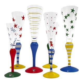 1990s Orrefors Clown Champagne and Cordial Flutes Signed by Anne Nilsson- 6 Pieces For Sale