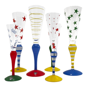 1990s Orrefors Clown Champagne and Cordial Flutes Signed by Anne Nilsson- 6 Pieces