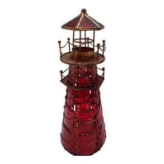 Vintage Nautical Ruby Red Glass Lighthouse Candle Holder Coastal Copper Bronze Trim For Sale