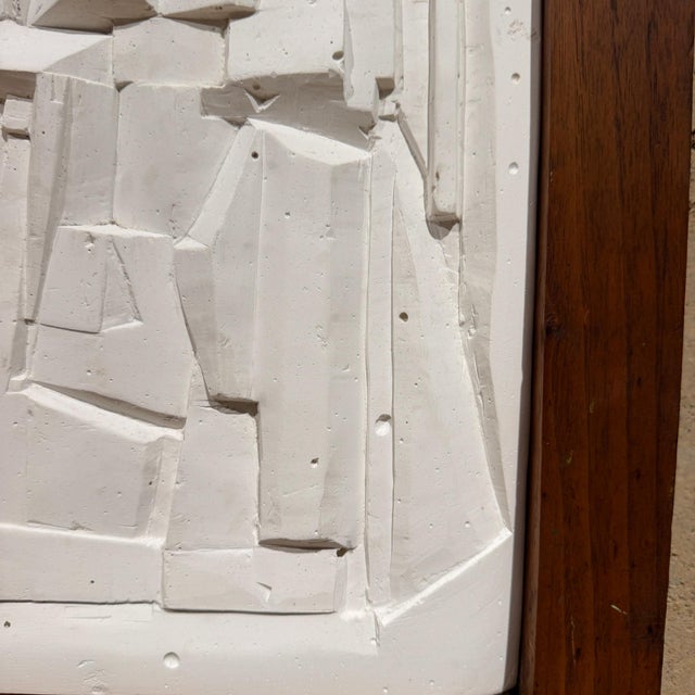 For your consideration, a mid-century modern artwork style cubist plaster bas-relief sculpture housed in a thick wood...