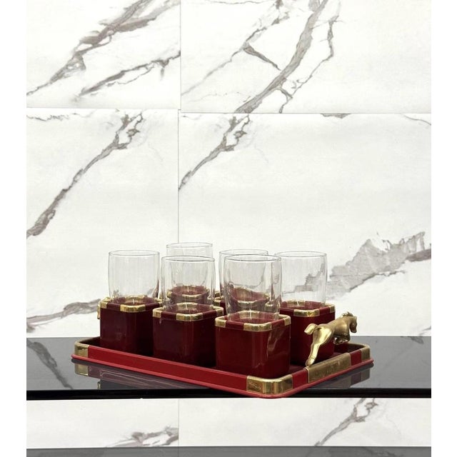 Hans Turnwald Hollywood Regency Design 1970's Glasses And Tray Set. Plastic and Brass frame, Riding series. The item is in...