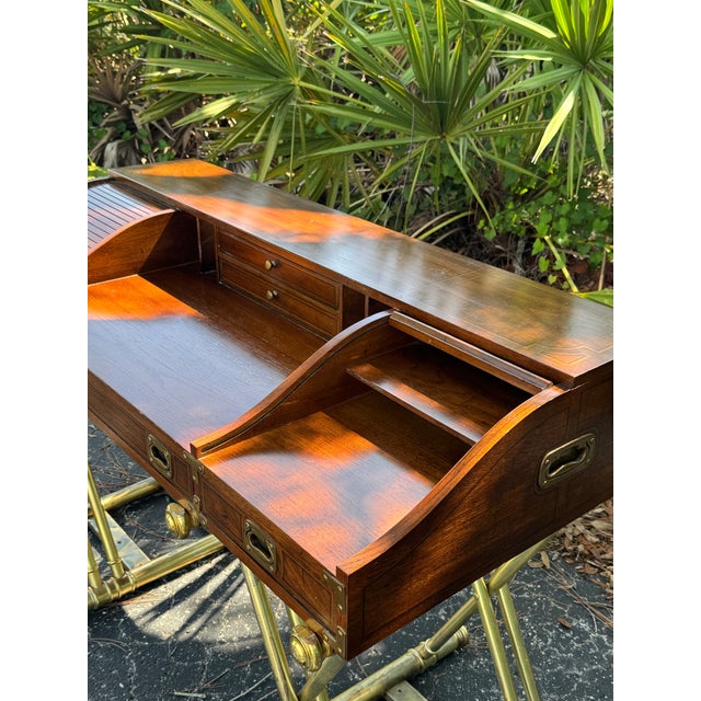 Campaign Vintage Drexel Oxford Square Campaign Roll Top Desk by John Van Koert With Gilt X-Base For Sale - Image 3 of 8