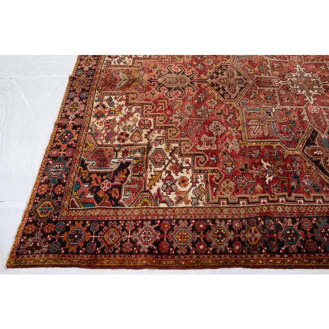 1950s Vintage Red Heriz Persian Room Size Wool Rug With Medallion Motiff For Sale - Image 5 of 6