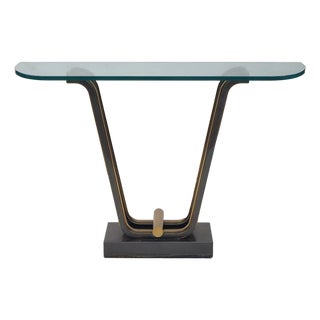 Art Deco Style Two Tone Console Table With Brass Accents and Glass Top For Sale
