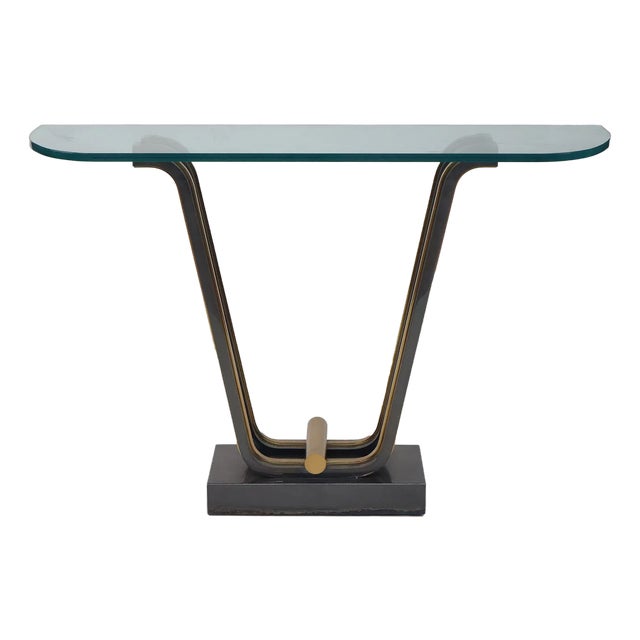 Art Deco Style Two Tone Console Table With Brass Accents and Glass Top For Sale