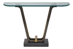 Art Deco Style Two Tone Console Table With Brass Accents and Glass Top