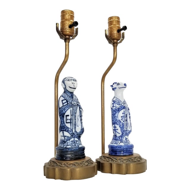 Pair of Vintage Chinese Zodiac Porcelain Figurine Lamps Asian