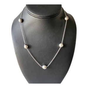 Estate Gray Silvery Pearl Station Necklace in 14kt White Gold, Pre-Loved