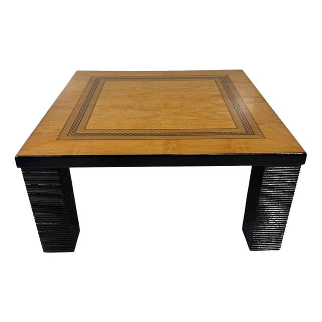 Coffee Table in Ash Burl, Wood Inlay and Black Lacquer, 1980s For Sale