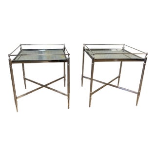 Pair of Vintage Stainless Steel Silver End Tables W Mirrored Table Tops For Sale