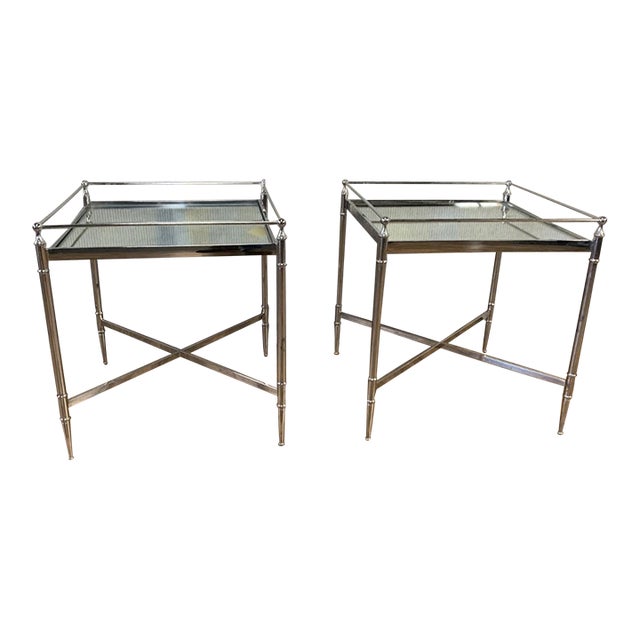Pair of Vintage Stainless Steel Silver End Tables W Mirrored Table Tops For Sale