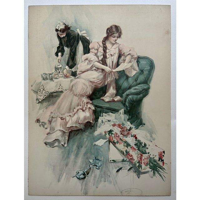 Framed Harrison Fisher "A Morning Greeting" Lithograph, C. 1904 Reproduction For Sale - Image 15 of 17