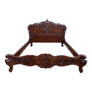 California King Objet d'Art Ornate Mahogany Bed Frame For Sale