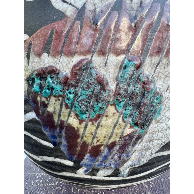 Mid 20th Century Mid 20th Century Large Cipher Signed Vintage Modern Studio Art Pottery Raku Glaze and Heavy Glaze Fish Vase For Sale - Image 5 of 7