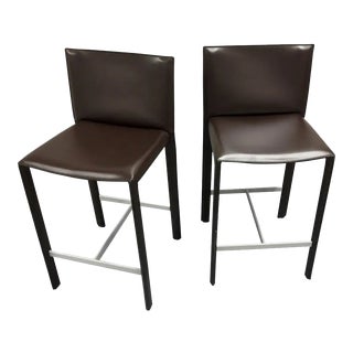 Set of Two Italian Dark Brown Hide Leather Counter Stools Made in Italy For Sale