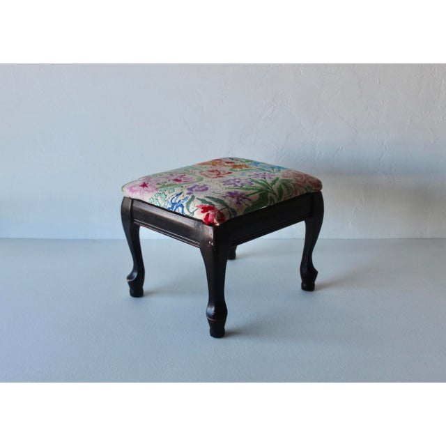 Black Vintage Vibrant Floral Needlepoint Footstool Ottoman Mid-Century For Sale - Image 8 of 14