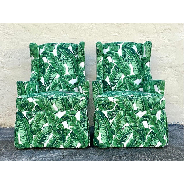 Wood Vintage Coastal Palm Frond Skirted Wingback Chairs - a Pair For Sale - Image 7 of 12