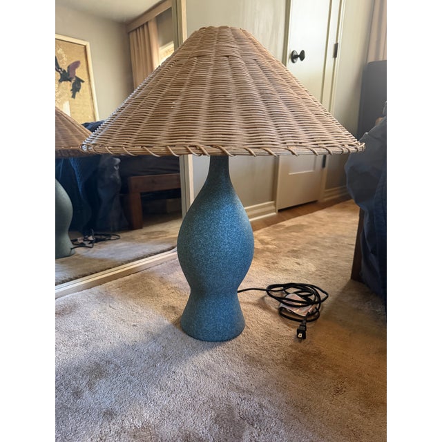 Courbe Grey Ceramic Table Lamp With Rattan Shade by Athena Calderon For Sale In Los Angeles - Image 6 of 6