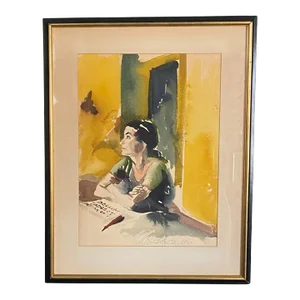 Vintage Framed Watercolor of Seated Female in Neutral Tones, Artist Signed Hector Whistler, 1960