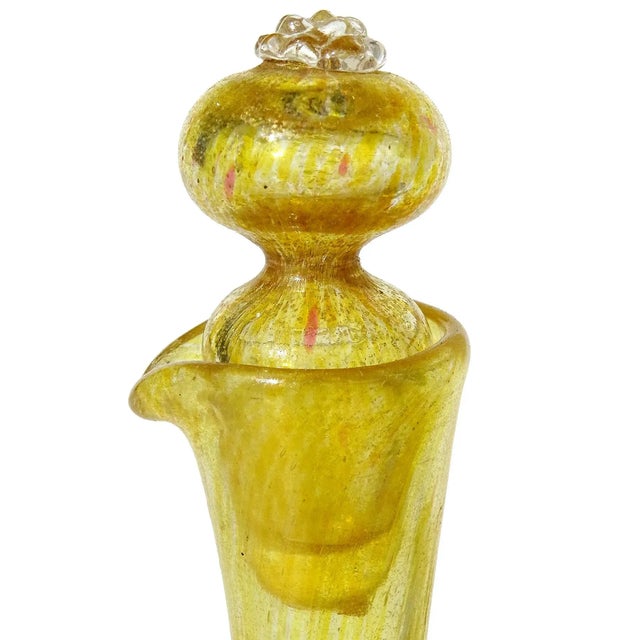 Victorian Murano Venetian Antique Yellow Spots Gold Fleck Italian Art Glass Dimple Squared Cruet Bottle For Sale - Image 3 of 8