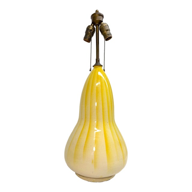 Antique French Yellow Brass Gourd Shaped Pottery Electric Table Lamp Light For Sale