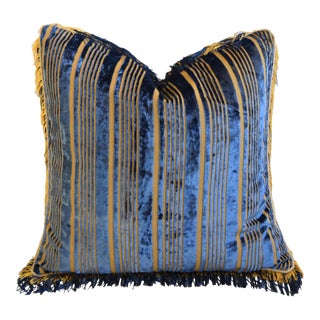 French Blue & Gold Silk Stripe Feather/Down Velvet Pillow 22” Square For Sale