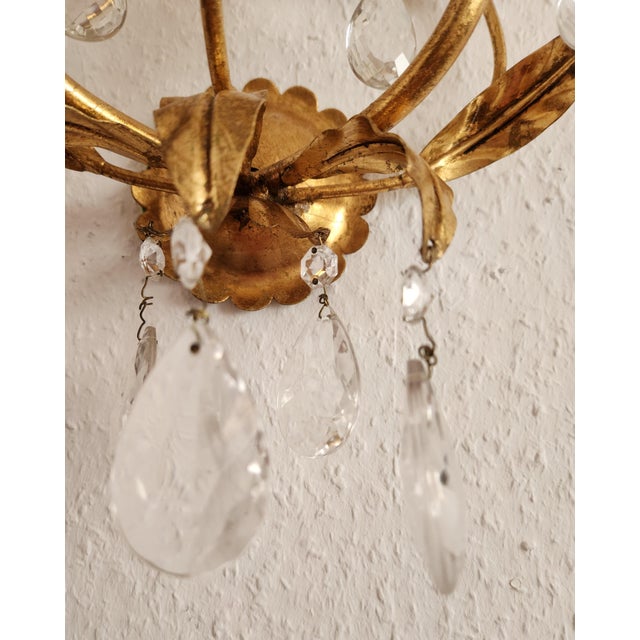 Hollywood Regency Hand-Forged Gold Leaf Gilded Floral 2-Light Wall Lamp with Crystals, 1950s For Sale - Image 12 of 18