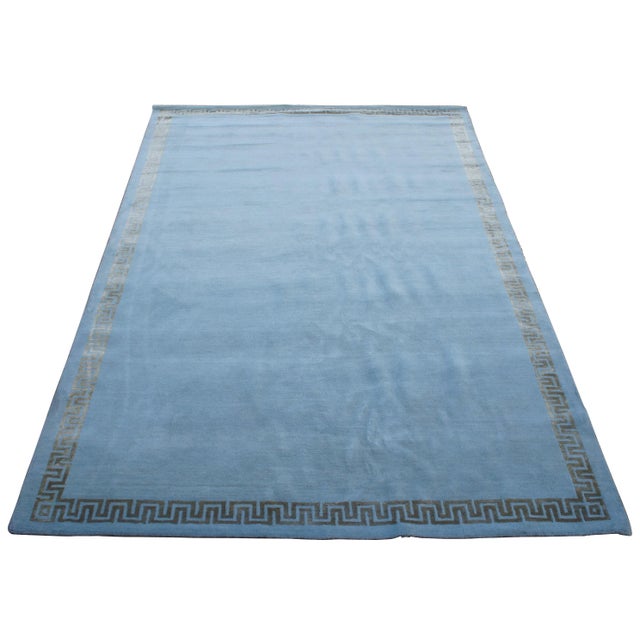 Textile Late 20th Century Greek Key Suzanne Kasler Safavieh Aqua Gold Wool Silk Area Rug For Sale - Image 7 of 7