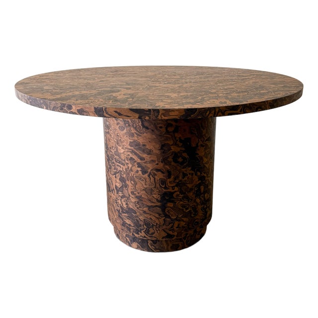 1970s Mid-Century Modern Round Burlwood Pedestal Dining Table For Sale