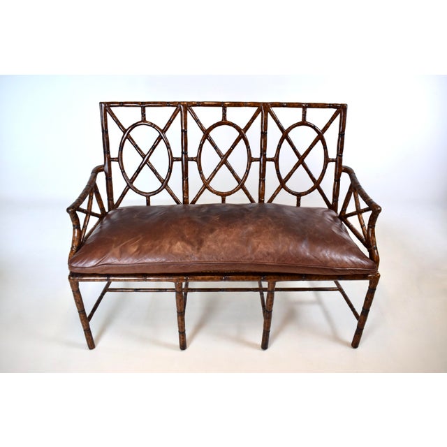 Chinoiserie Faux Bamboo Caned Settee With Leather Cushion For Sale - Image 3 of 15