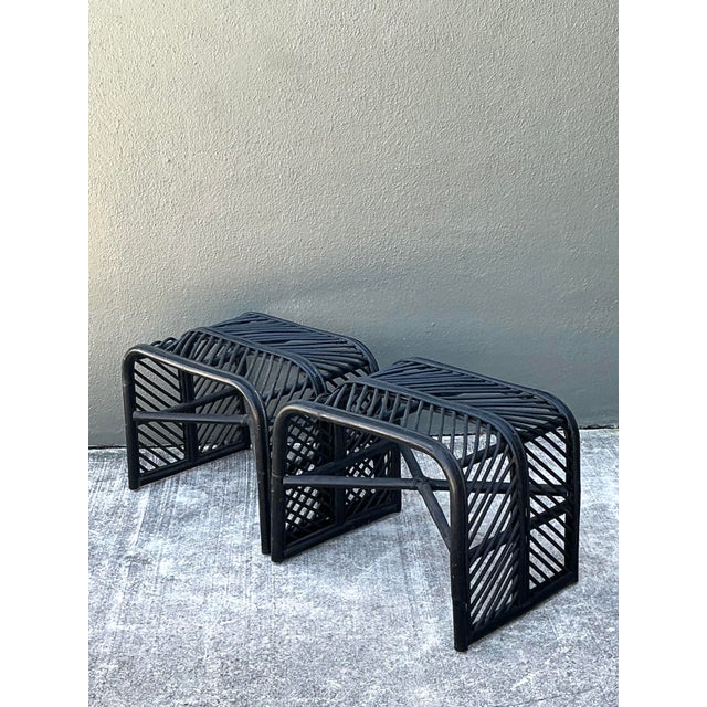 Wood Vintage Stick Rattan Waterfall Low Stools - A Pair For Sale - Image 7 of 12