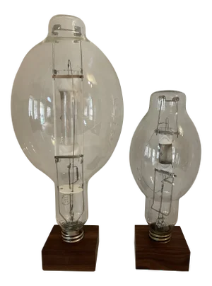 Vintage Retro High Pressure Sodium Industrial Bulb Display on Wood Pedestal Marked "Roost" - Set of 2