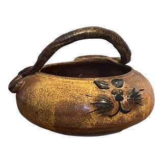 Vintage Handmade and Signed Cat Bowl With Handle For Sale
