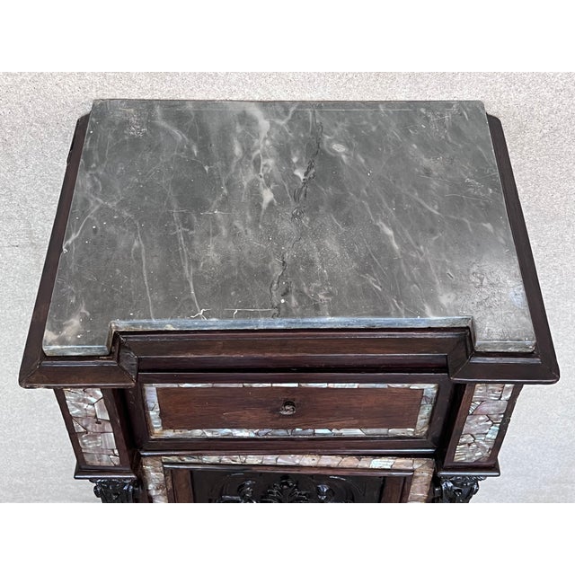 Wood 18th Pair of Spanish Walnut Nightstands With Marble Top and Inlays For Sale - Image 7 of 13