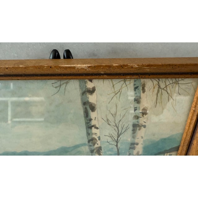 Blue Small Framed Watercolor Rural Landscape Painting For Sale - Image 8 of 9