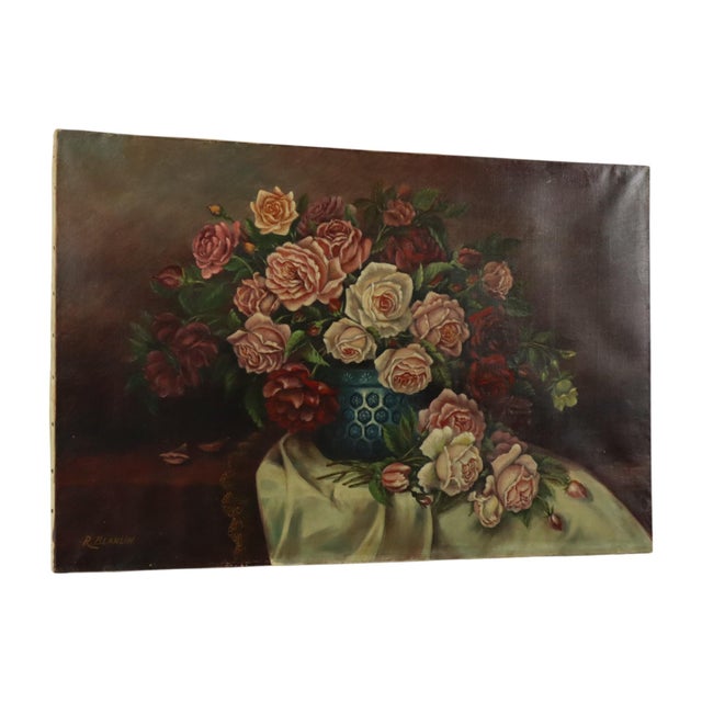 R. Blanlin, Large Floral Still Life with Rose Bouquet, Oil on Canvas For Sale - Image 3 of 16