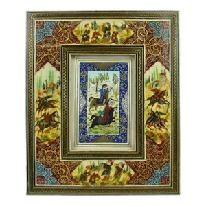 Mid 20th Century Persian Painting With Handmade Inlaid Marquetry Khatam Frame Signed