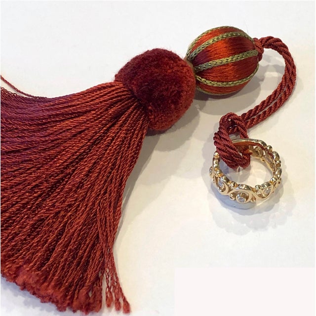 Glass Beaded Key Tassel in Terracotta Red and Gold Satin With Cut Velvet Detail For Sale - Image 7 of 16